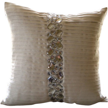White Pintucks & Crystals 12"x12" Silk Decorative Pillowcase, Precious Crystals