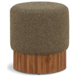 Meridian Furniture - Veranda Boucle Fabric Upholstered Ottoman/Stool, Olive, Walnut Finish - Indulge in the luxurious texture of the Veranda Boucle Fabric Ottoman/Stool. It boasts a rich olive boucle fabric that is paired with an elegant and sturdy solid wood base, featuring a walnut finish that highlights the beautiful wood grain patterns. This unique combination of materials creates a perfect blend of style and durability, making it an ideal addition to any modern or traditional interior design.