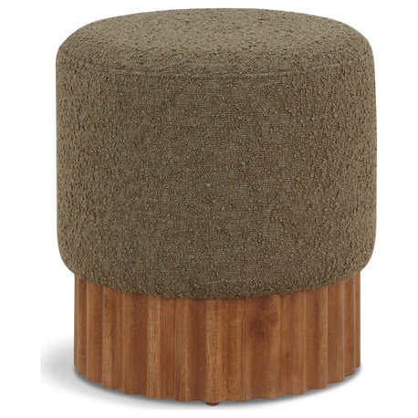 Veranda Boucle Fabric Upholstered Ottoman/Stool, Olive, Walnut Finish
