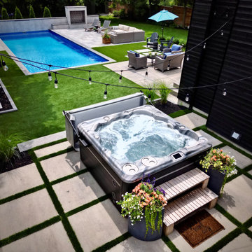 Elevated View Showing Relationship Between Pool, Hot Tub, and Lawn