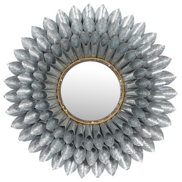 Large, Round 3D Silver Metal Floral Accent Mirror, 32"