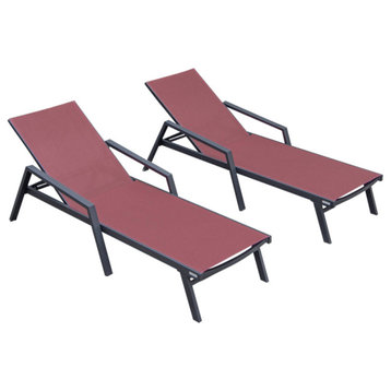 LeisureMod Marlin Patio Chaise Lounge Chair Black Arms Set of 2, Burgundy