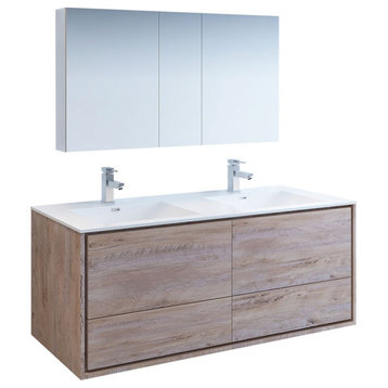 Catania 60" Natural Wood Double Sink Vanity Set, Versa Faucet/Brushed Nickel
