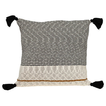 20" x 20" Beige Stripe Pattern Square Accent Throw Pillow With Tassel