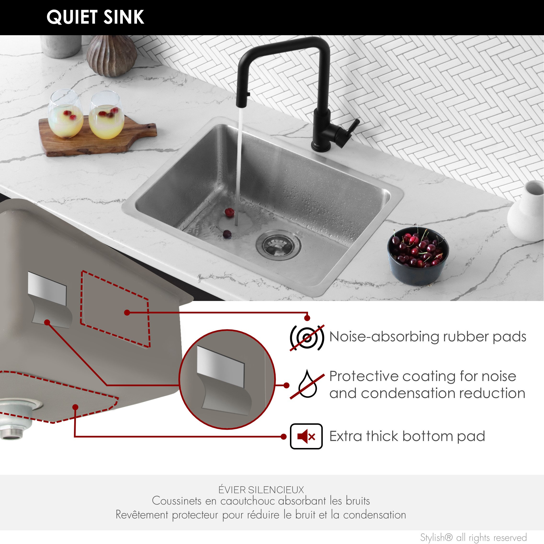 STYLISH 21 inch Single Bowl Undermount and Drop-in Stainless Steel Kitchen Sink