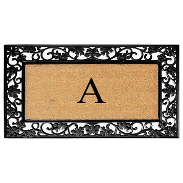 A1HC Floral Border Black 18x30 Rubber and Coir Heavy Duty Monogrammed Doormat, A