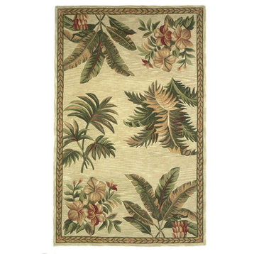 4' x 6' Ivory and Green Tropical Botanical Hand Tufted Area Rug