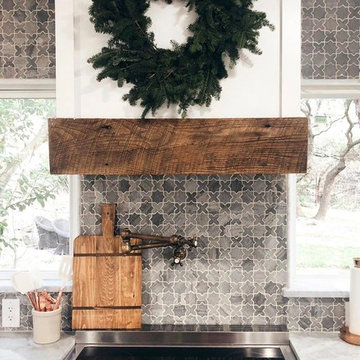 Modern Farmhouse kitchen. Box/square vent hood, wood vent hood, mosaic marble ba