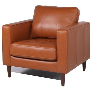 Maklaine Leather Chair With Tufted Seat in Camel