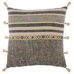 Jaipur Living - Jaipur Living Ikal Stripes Beige/ Dark Gray Throw Pillow 18 inch, Polyester Fill - Sophisticated simplicity defines the texturally inspiring Taiga collection. Crafted of soft linen, the Ikal pillow boasts a washed tan and charcoal colorway. A center band of tribal embroidery, ticking stripe design, and trimmed tassel details lend global charm to this plush accent.