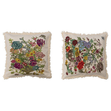 Cotton Printed Pillow with Embroidery, Florals and Fringe, Set of 2 Styles