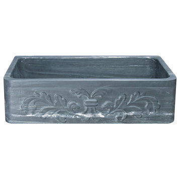 36" Farmhouse Single Sink, Floral Carving Front, Charcoal Marquina Soapstone