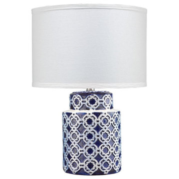 Entwined Quatrefoil Rings Ceramic Table Lamp 21.5 in Navy Blue White Coastal