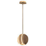 ET2 - Interval LED Pendant, Satin Brass - Three sizes stainless steel intersecting panels in ellipses and spheres are illuminated by a double raceway of dedicated LED light strips. An additional LED light source directs light downward. Stylishly finished in brushed Satin Brass or Matte Black these sculptural lighting elements complement an architectural environment adding interest and functional light.