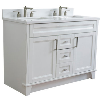 48" Double Sink Vanity, White Finish With White Quartz And Rectangle Sink