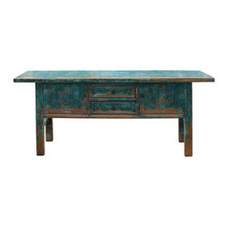 Chinese Distressed Blue 2 Drawers Sideboard Console Altar Table - Console Tables