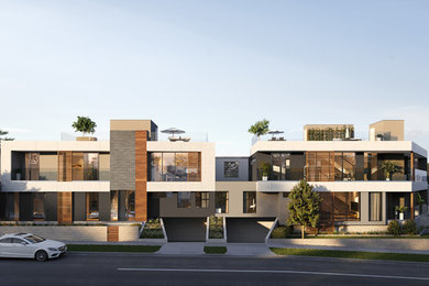 This is an example of a large modern three-storey white duplex exterior in Melbourne with concrete fiberboard siding, a flat roof and a metal roof.