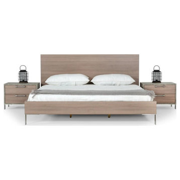 Deanna Modern Brown Oak and Brushed Stainless Steel Bed, Queen