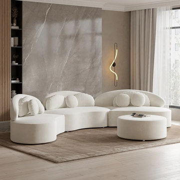 Modern 7-Seat Sofa Curved Sectional Modular Beige Velvet Upholstered with Ottoma