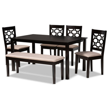 Modern Dining Set, Rectangular Table With Padded Chairs & Bench, Sand/Dark Brown