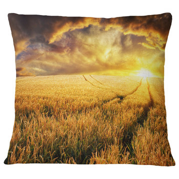 Amazing Sunset Over Yellow Field Landscape Printed Throw Pillow, 16"x16"