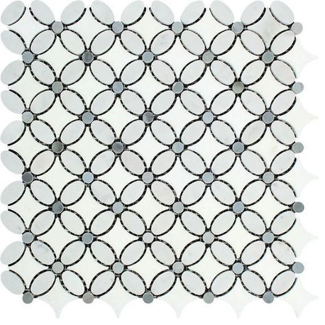 Carrara White Marble Polished Florida Flower Mosaic Tile w/Blue Gray Dots