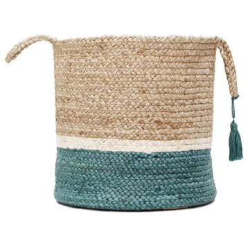 Teal and Natural Jute Color Block Storage Basket with Handles