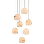 Currey & Company - Lazio Multi-Drop Pendant, 7-Light - The Lazio 7-Light Multi-Drop Pendant has luminous shades carved from natural alabaster. The veining in the material makes each shade unique because each stone taken from the earth will have its own personality. The shape of the shade and the thinness of the stem on which it dangles are of the simplest in form. This leaves the natural material to shine. The painted silver finish also helps to keep the design light and airy. We offer the Lazio in a number of different configurations with multiple shades.