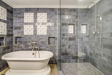 Bathroom - mid-sized traditional master blue tile and mosaic tile brown floor, double-sink, vaulted ceiling and porcelain tile bathroom idea in Dallas with quartz countertops, white countertops, a niche, a freestanding vanity, blue cabinets, an undermount sink, raised-panel cabinets and gray walls