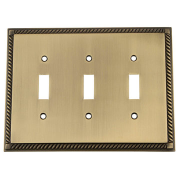 NW Rope Switch Plate With Triple Toggle, Antique Brass