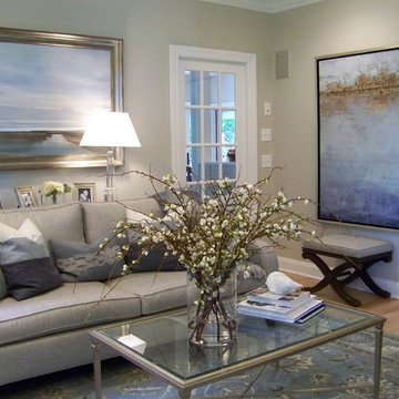 Soft Hues of Gray and Blue Transitional Living Room -- Deena Doherty