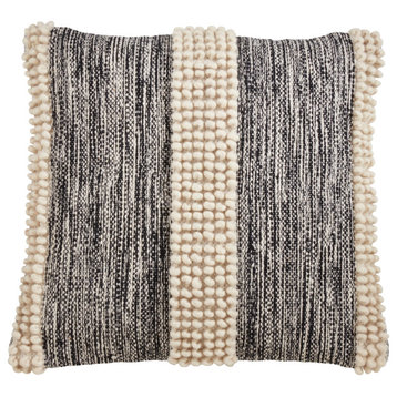 Poly Filled Throw Pillow With Pom Pom Stripe Design, 22"x22", Black