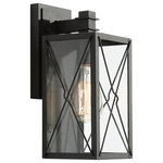 LNC - LNC 12"H Modern 1-Light Black Outdoor Wall Sconce - This farmhouse 1-light black exterior lantern outdoor wall sconce lighting fixture from LNC features a stunning clear glass cylinder as a dramatic focal point, with its boxy linear shape enclosed in a sleek powder-coated black and riveted thick metal cross X frame.With its classic black finish the wall sconce complements any decor making it the ideal piece for all your outdoor lighting needs. Adorn your front door, garage, or backyard patio with this clean-lined 1-bulb wall lantern.Its rectangular frame with an open bottom is crafted from a blend of metal, glass, and aluminum, and features a black finish for a sleek look. A square-shaped backplate easily attaches to any surface space for fuss-free installation.