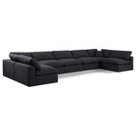 Meridian Furniture - Comfy Upholstered U-Shaped Modular Sectional, Black, 7-Piece: 5 Armless Chair, 2 Corner Chair, Linen Textured Fabric - Give your space a whole new look with this black Comfy linen textured fabric sectional. This handsome sectional fits nicely with other items in the Comfy collection and is a versatile seating option designed for adaptability, comfort and style. Wrapped in rich black durable linen textured fabric upholstery, this sectional offers a plush embrace of overstuffed down feather cushions, carefully crafted to deliver the highest level of comfort. The perfect seat for creating an oasis for relaxation, this sectional has thick foam surrounding its frame for added support and coziness.