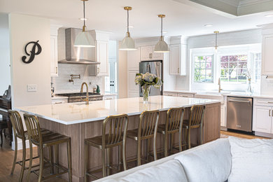 Inspiration for a medium tone wood floor kitchen remodel in Detroit with a farmhouse sink, raised-panel cabinets, white cabinets, quartz countertops, white backsplash, ceramic backsplash, stainless steel appliances, an island and white countertops