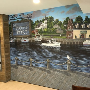 New England Harbor Town Mural, hand painted throughout a lower level