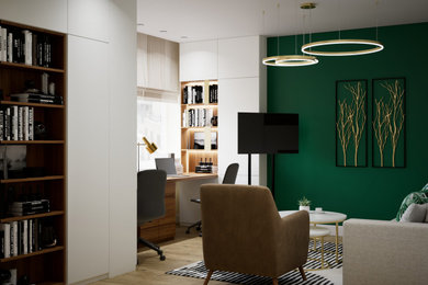 Diseño de dormitorio principal y televisión contemporáneo con suelo de madera clara