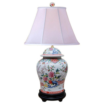 Chinese Porcelain Floral Motif Temple Jar Table Lamp, 29"