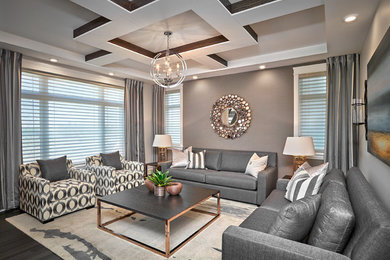 Living room - large contemporary formal and enclosed dark wood floor living room idea in Edmonton with gray walls, a two-sided fireplace, a tile fireplace and no tv