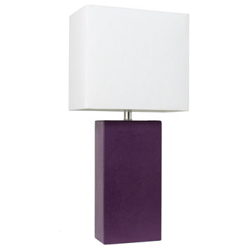 Elegant Designs Modern Leather Table Lamp With White Fabric Shade, Eggplant