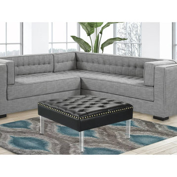Elegant Ottoman, Acrylic Legs & Faux Leather Upholstery With Tufted Top, Black