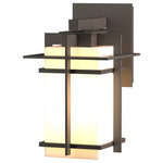 Hubbardton Forge - Tourou Downlight Outdoor Sconce, Coastal Dark Smoke Finish, Opal Glass - Although the design is in honor of traditional Japanese stone lanterns, our Tourou Outdoor Sconce is much easier to mount on the outside of your home or business. Metals bands crisscross and hug the square glass tube for design flare.