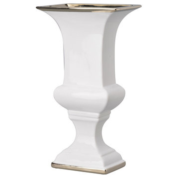Benzara BM286151 14" Ceramic Vase, Artistic Turned Urn, White and Gold Rim