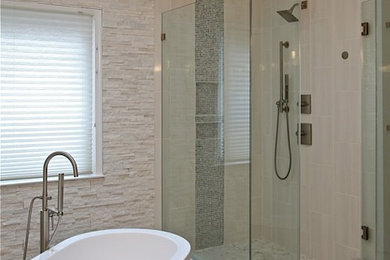 Large trendy master mosaic tile porcelain tile bathroom photo in DC Metro with an undermount sink, granite countertops, a two-piece toilet and white walls