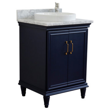 25" Single Vanity, Blue Finish With White Carrara And Round Sink
