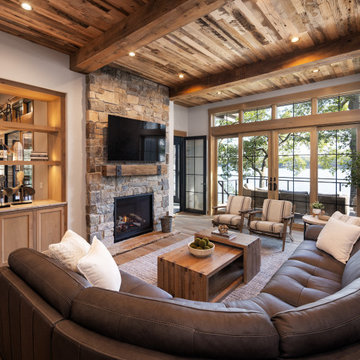 Antique Skim Oak Paneling and White Oak Mantel in a Lakeside Living Room