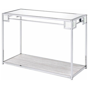Contemporary Console Table, Chrome Finished Frame With Wooden Shelf & Glass Top