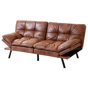 Modern Futon, Stitched Faux Leather Seat & 4 Angled Adjustable Armrests, Brown