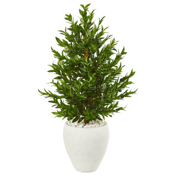 3.5' Olive Cone Topiary Artificial Tree in White Planter, Indoor/Outdoor
