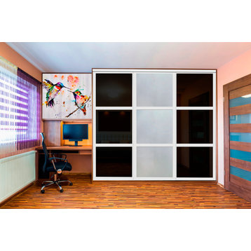 3 Panels Closet / Wardrobe Door with Frosted & Black Painted Glass Insert, 72"x96" Inches